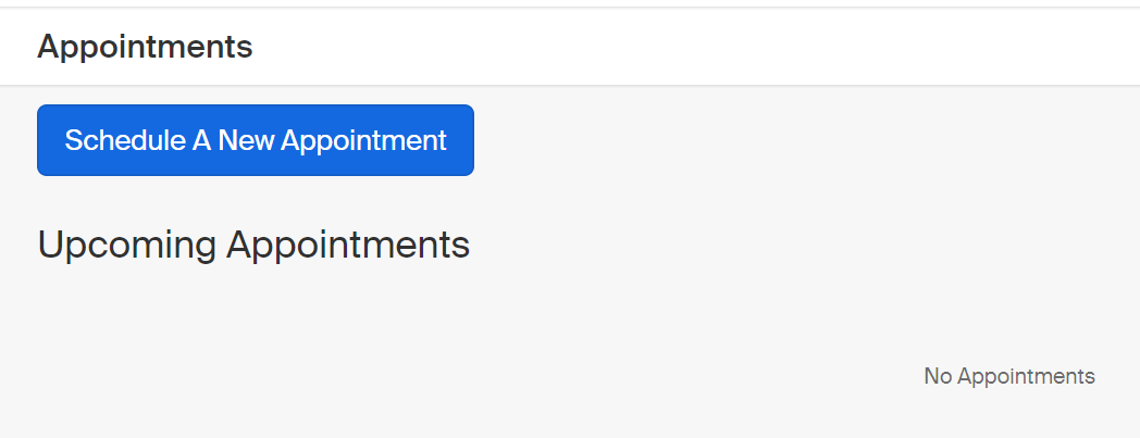 Screenshot of the "Appointments" page. Click the button toward the top labelled "Schedule A New Appointment"