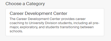 Screenshot of appointment category buttons. Click the "Career Development Center" option