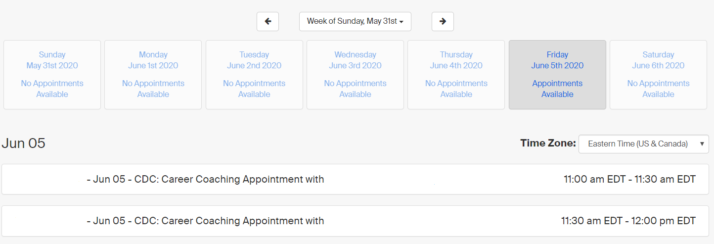 Screenshot of appointment day/time selection screen. Click the arrows toward the top to select the week, the buttons in the middle to select the day, and the list items below to select the time