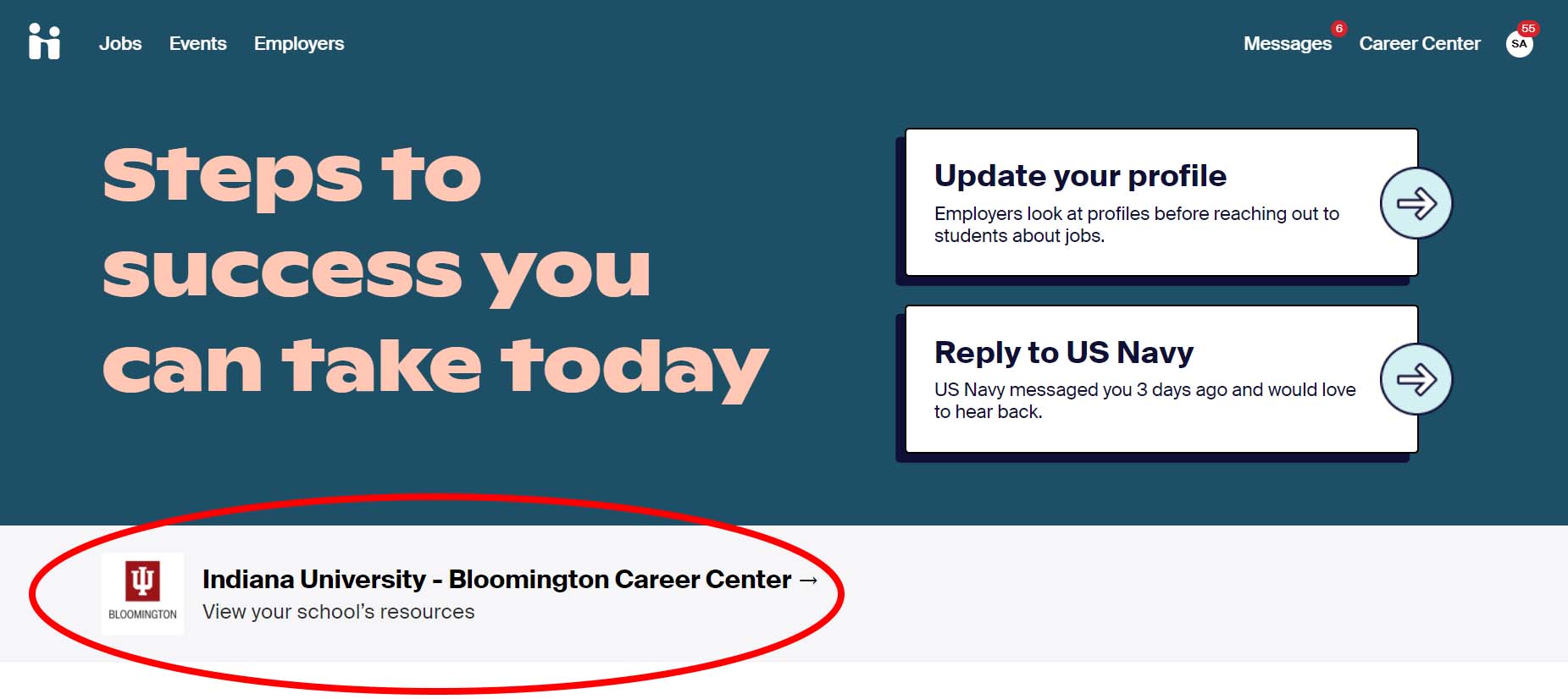 Screenshot Handshake's homepage with the link "Indiana University - Bloomington Career Center" circled